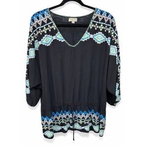 One World Boho Southwestern Blouse Black 100% Rayon Embroidered Whipstitch